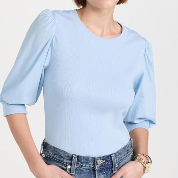 Veronica Beard Coralee Crewneck Top Cotton Rib Knit Puff Sleeve Lake Blue Large - Picture 5 of 12